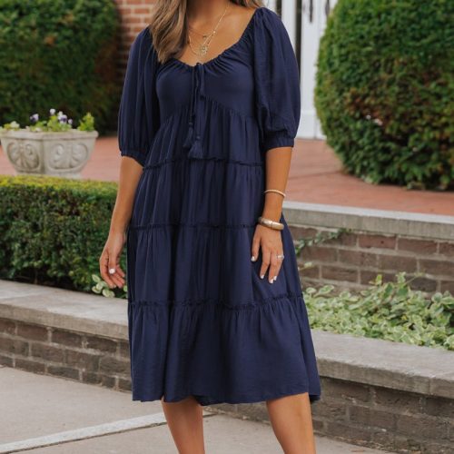 navy sweetheart tiered midi dress 496065