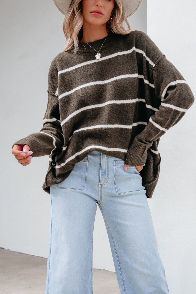 next to me olive striped pullover sweater 129418