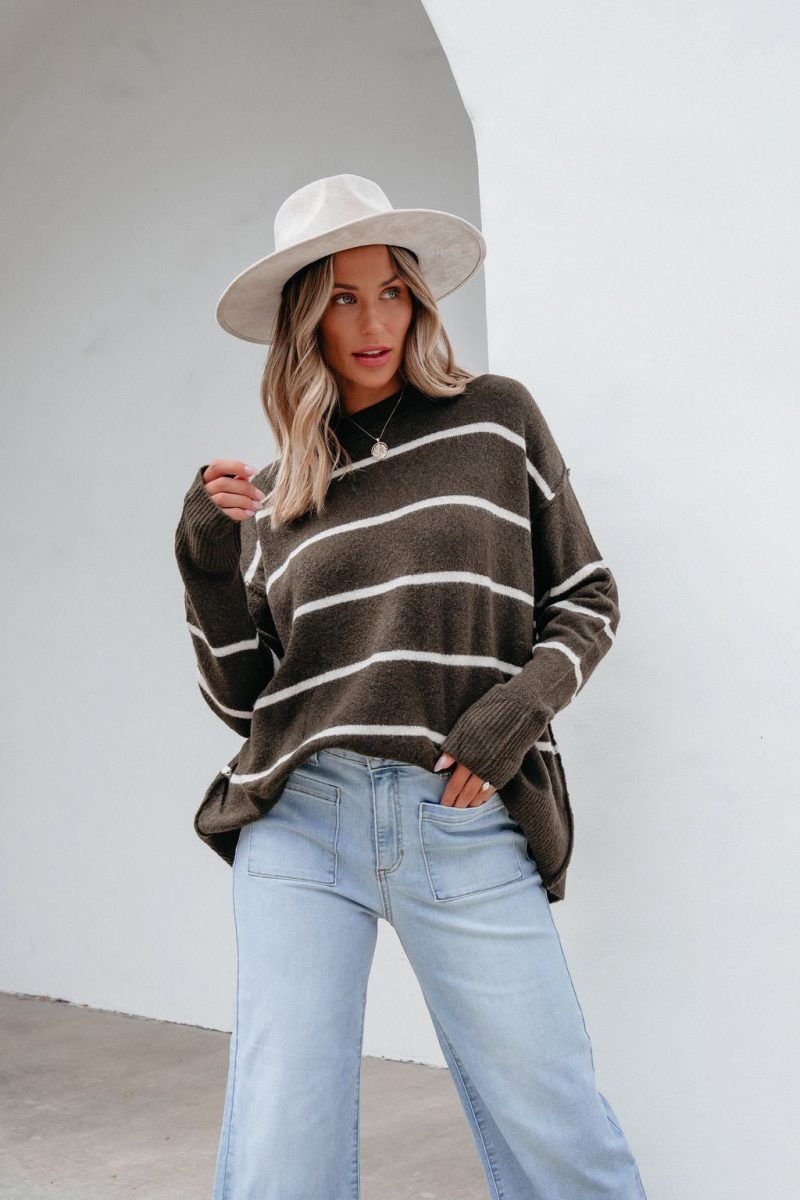 next to me olive striped pullover sweater 362701