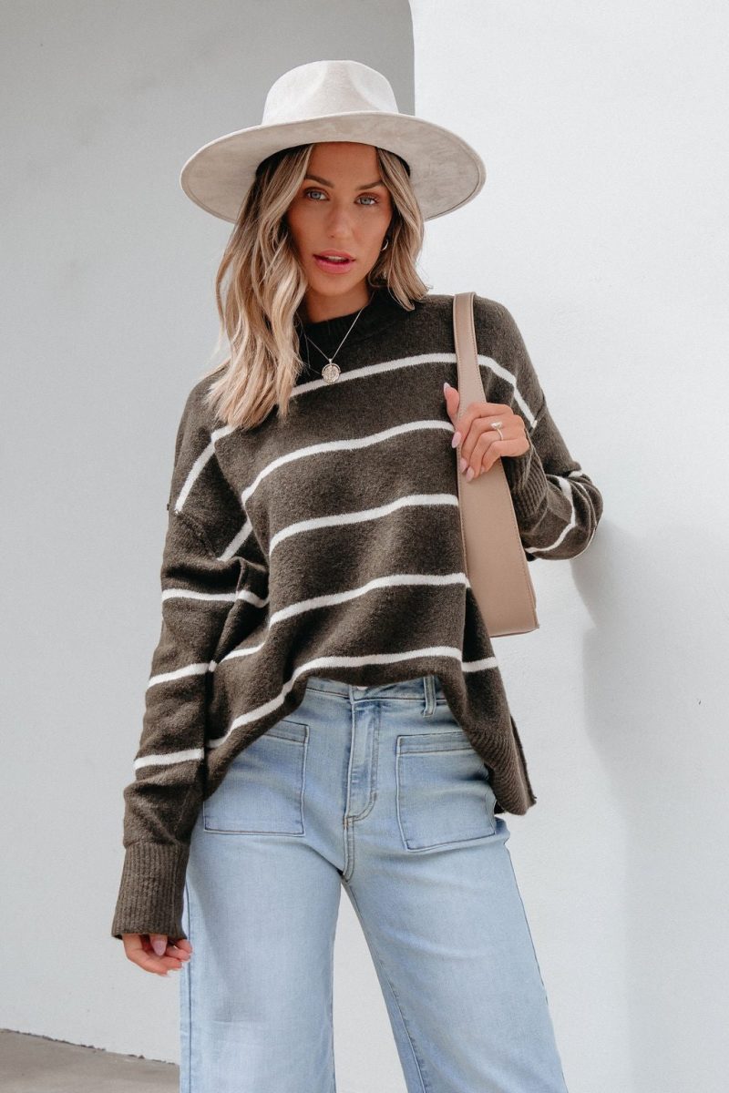 next to me olive striped pullover sweater 810809