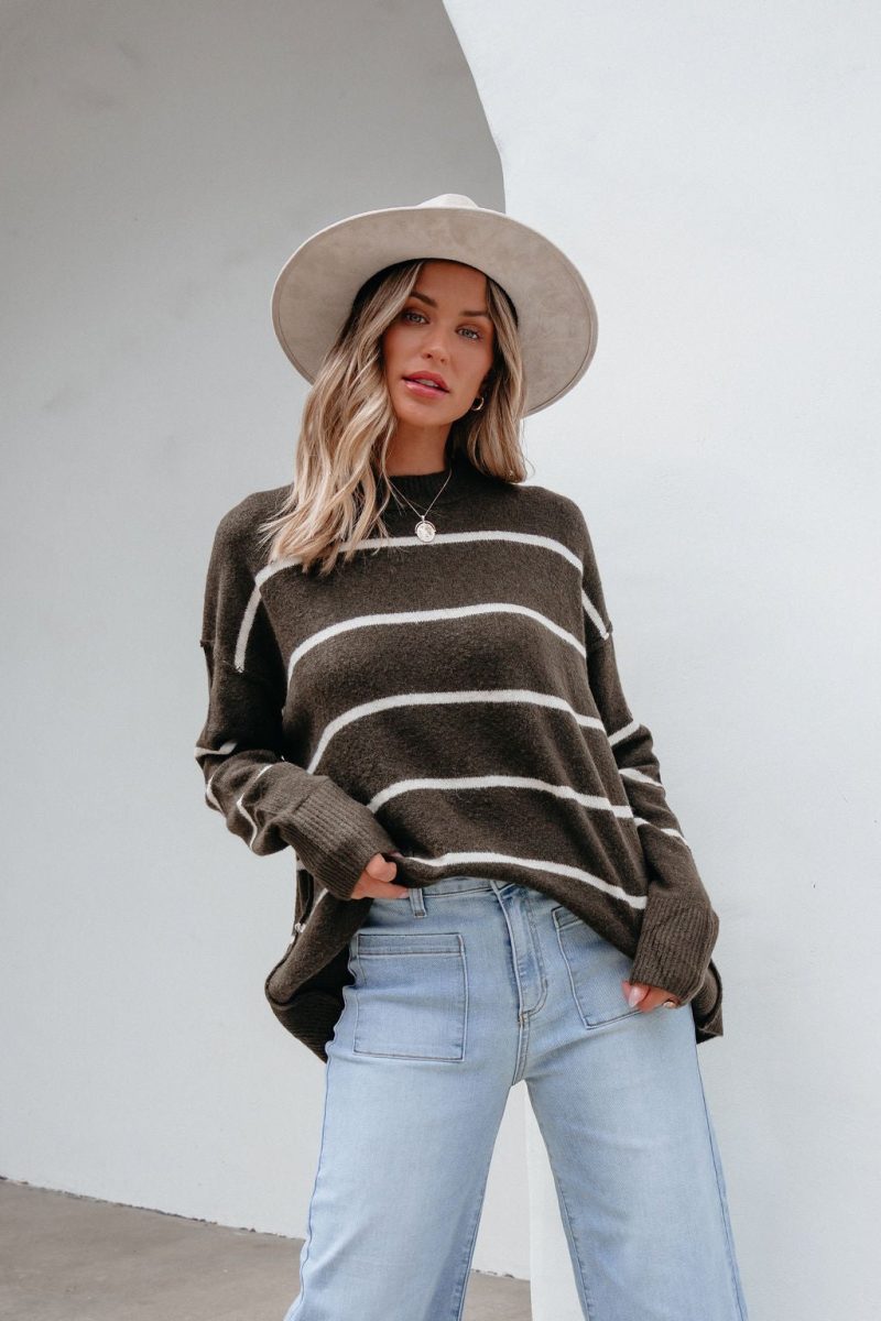 next to me olive striped pullover sweater 870568