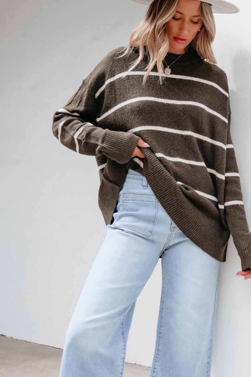 next to me olive striped pullover sweater 889187