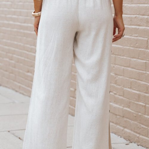 oatmeal button linen wide leg pants 800163