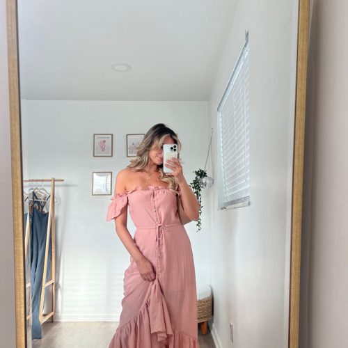 off the shoulder button down high low maxi blush 260315