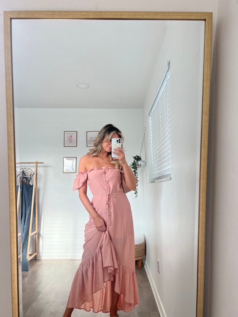 off the shoulder button down high low maxi blush 260315