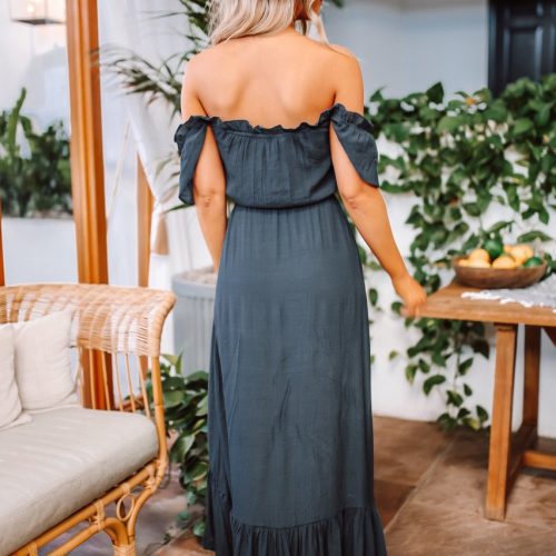 off the shoulder button down high low maxi navy 342875