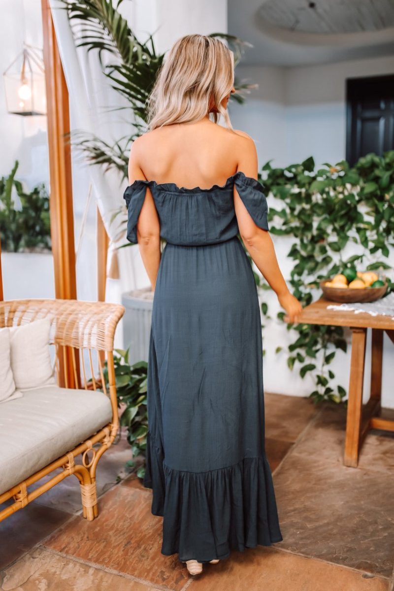 off the shoulder button down high low maxi navy 342875