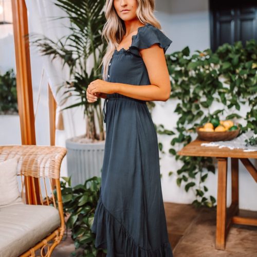 off the shoulder button down high low maxi navy 416575