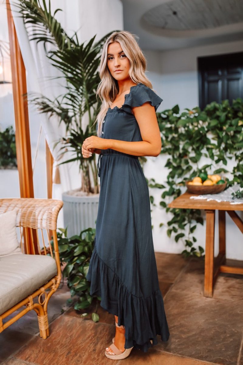 off the shoulder button down high low maxi navy 416575