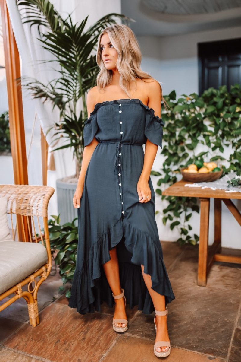 off the shoulder button down high low maxi navy 540605