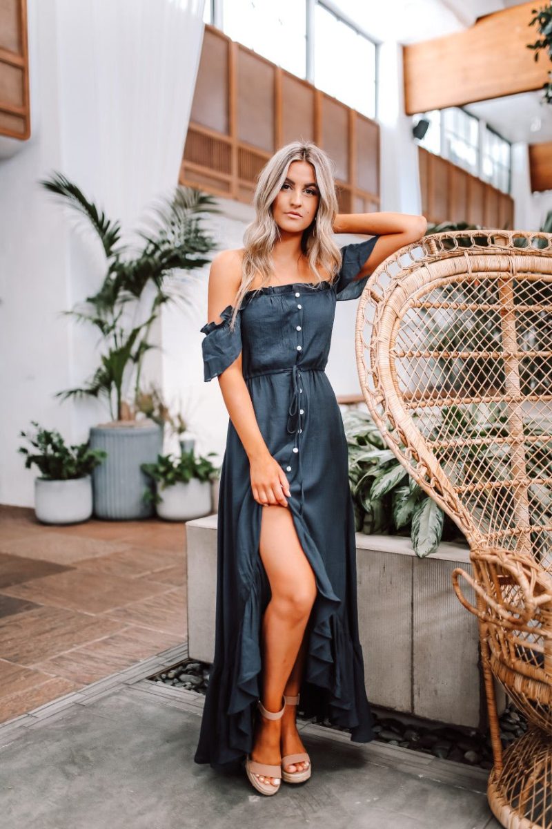 off the shoulder button down high low maxi navy 588448