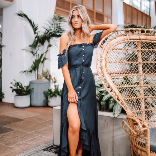 off the shoulder button down high low maxi navy 609128