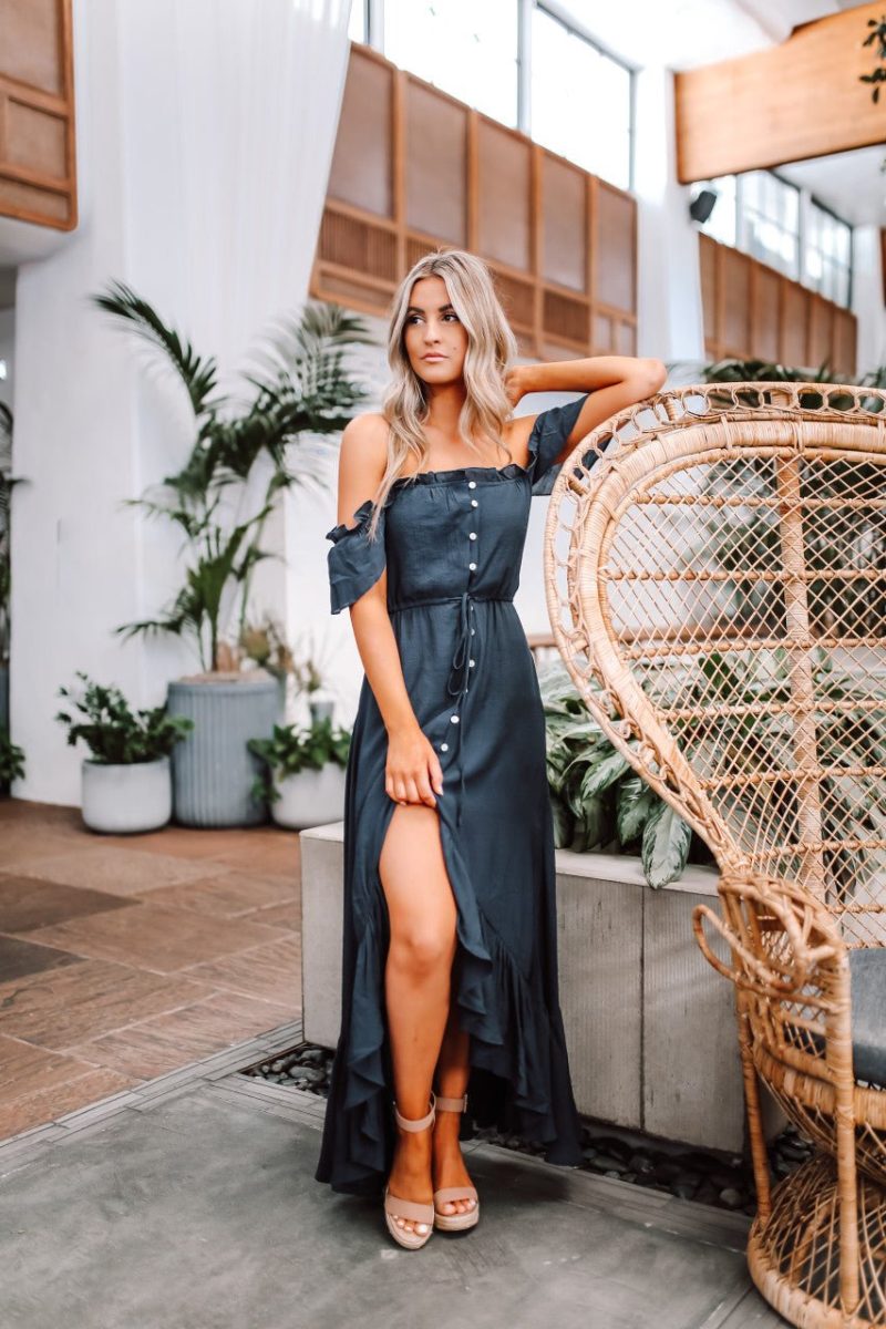 off the shoulder button down high low maxi navy 609128