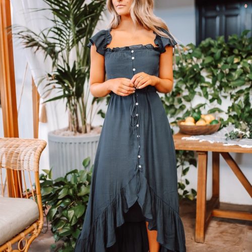 off the shoulder button down high low maxi navy 826148