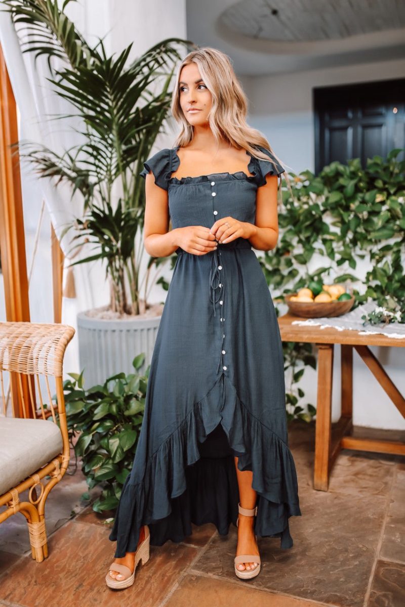 off the shoulder button down high low maxi navy 826148