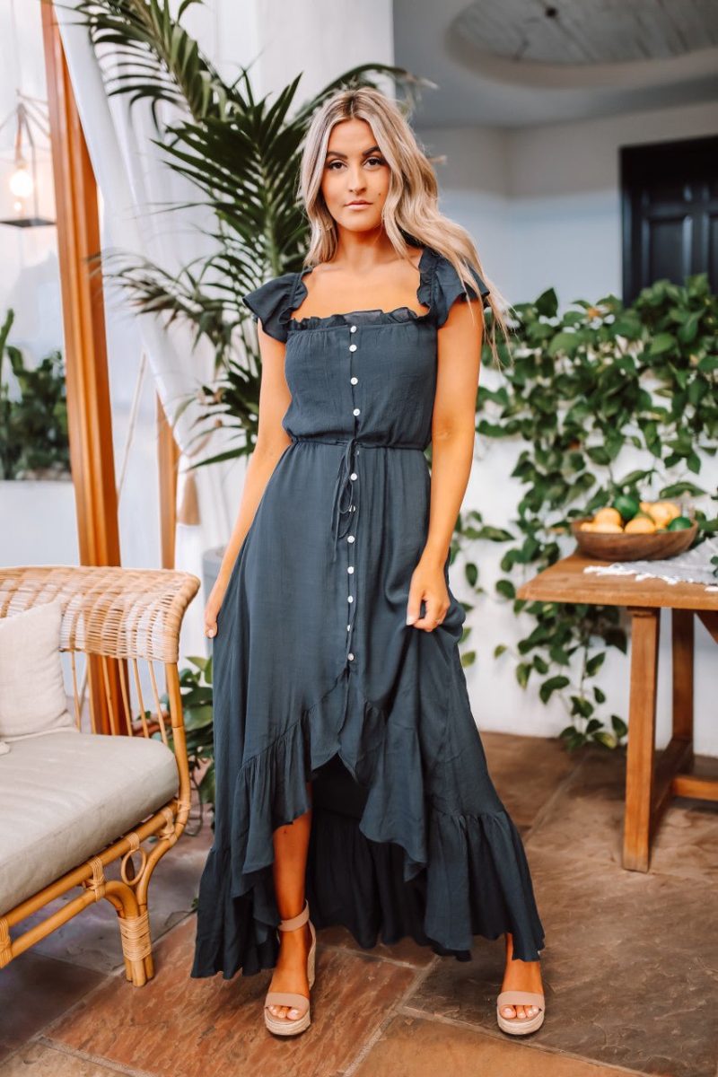 off the shoulder button down high low maxi navy 846276