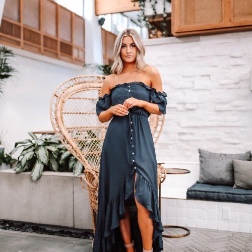 off the shoulder button down high low maxi navy 974495