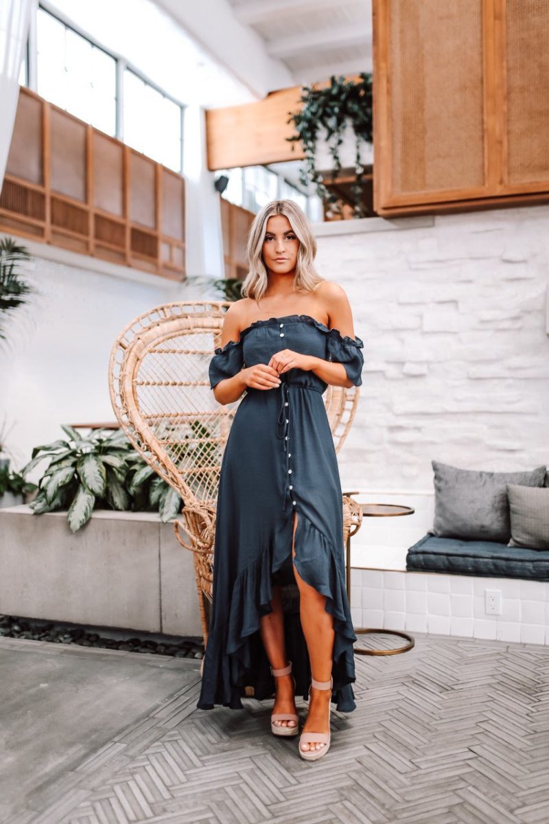 off the shoulder button down high low maxi navy 974495