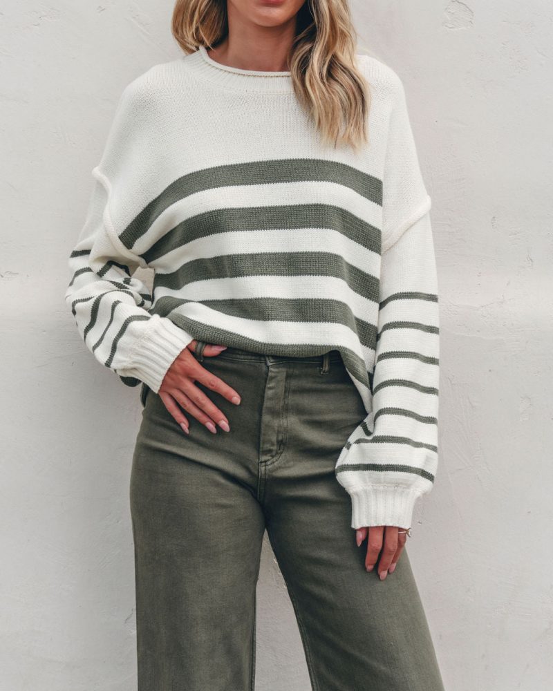 olive and cream striped pullover sweater pre order 705362