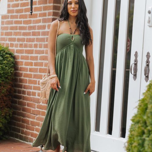 olive halter beaded ruched maxi dress 726471