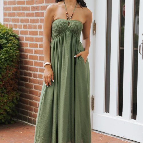 olive halter beaded ruched maxi dress 881103