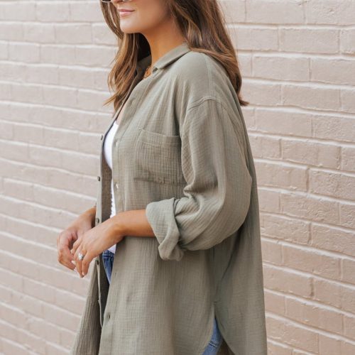 olive slit button down shirt 728179