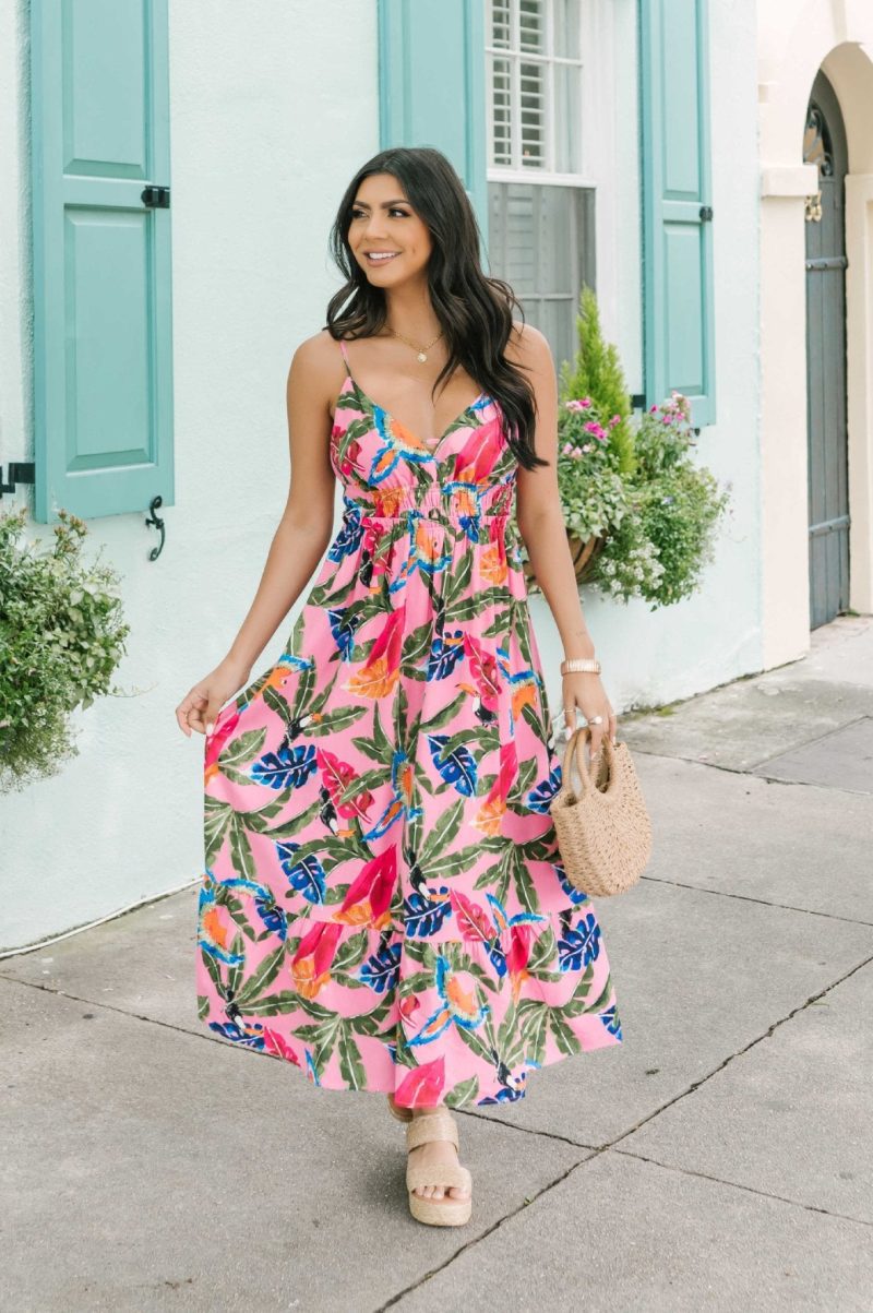 pink floral print midi dress 800676