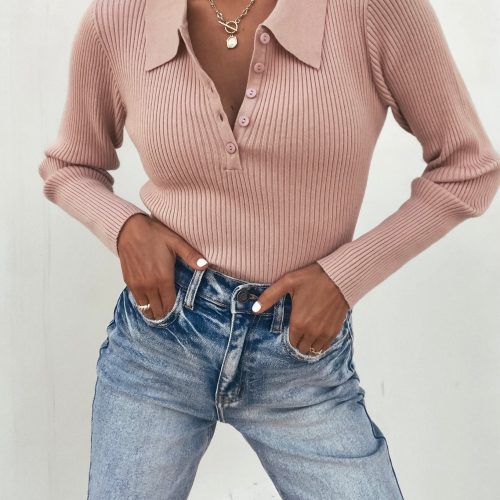 pink ribbed button up top 700134