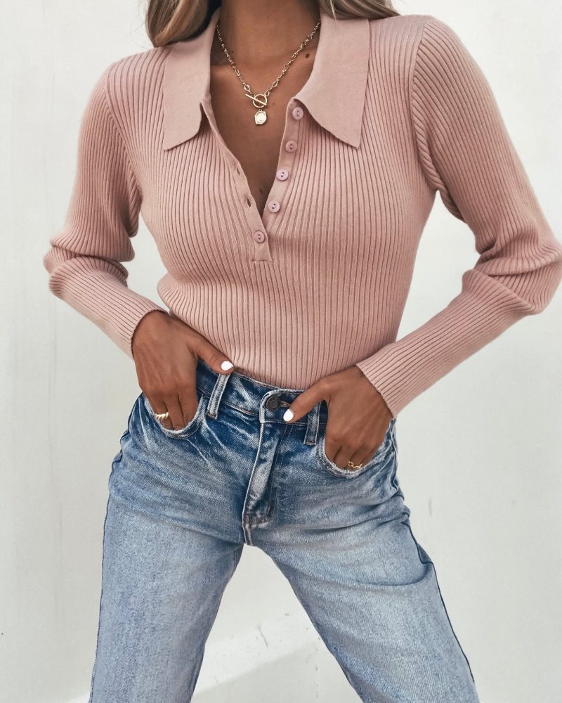 pink ribbed button up top 700134