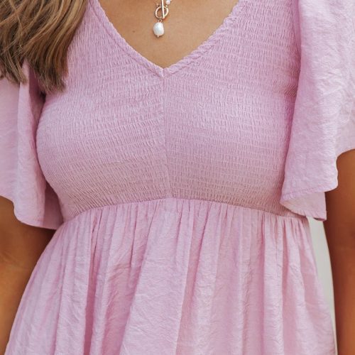 pink short sleeve smocked mini dress 178275