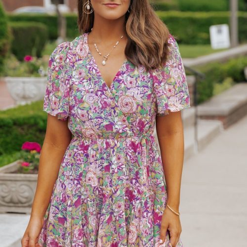 purple floral print surplice mini dress 633773