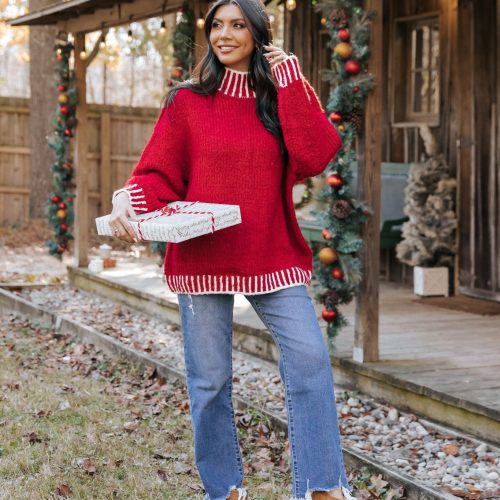 red and white contrast stitch sweater 187561