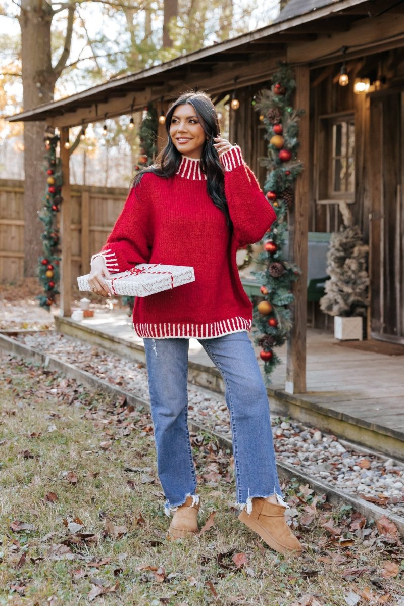 red and white contrast stitch sweater 187561