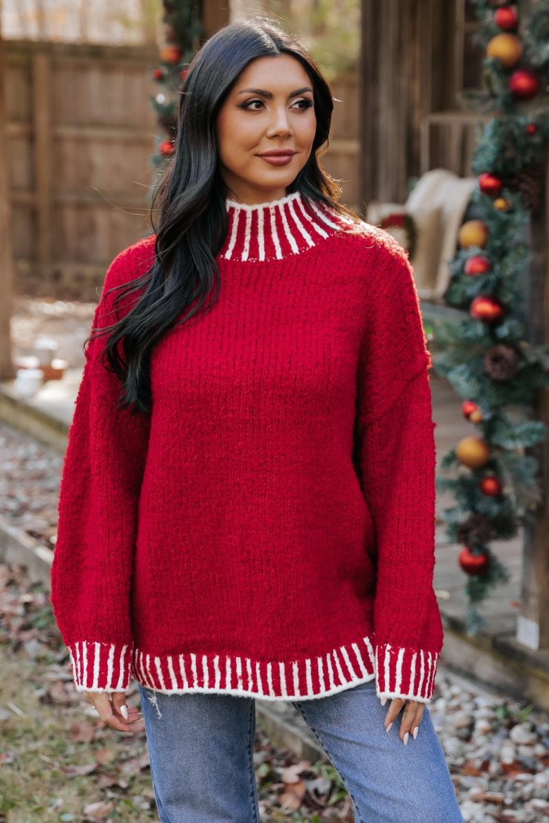 red and white contrast stitch sweater 341840