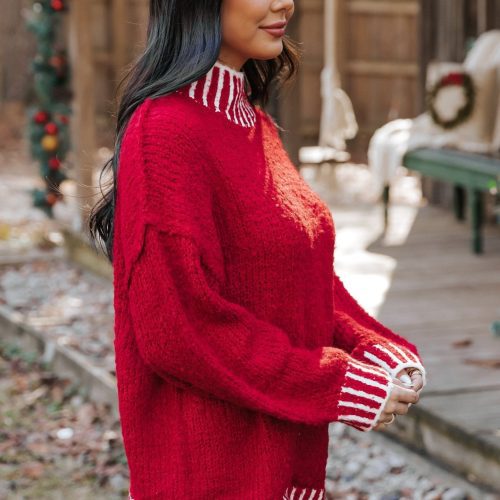 red and white contrast stitch sweater 348421