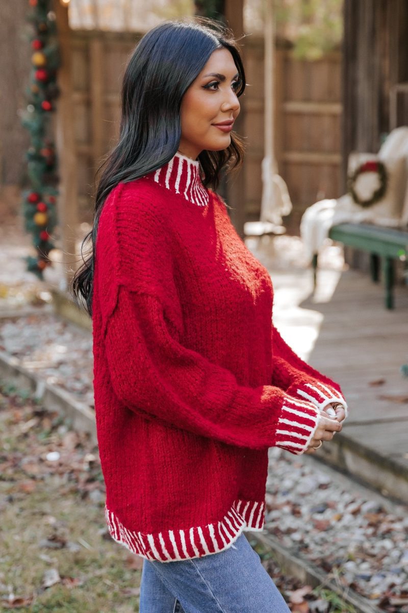 red and white contrast stitch sweater 348421