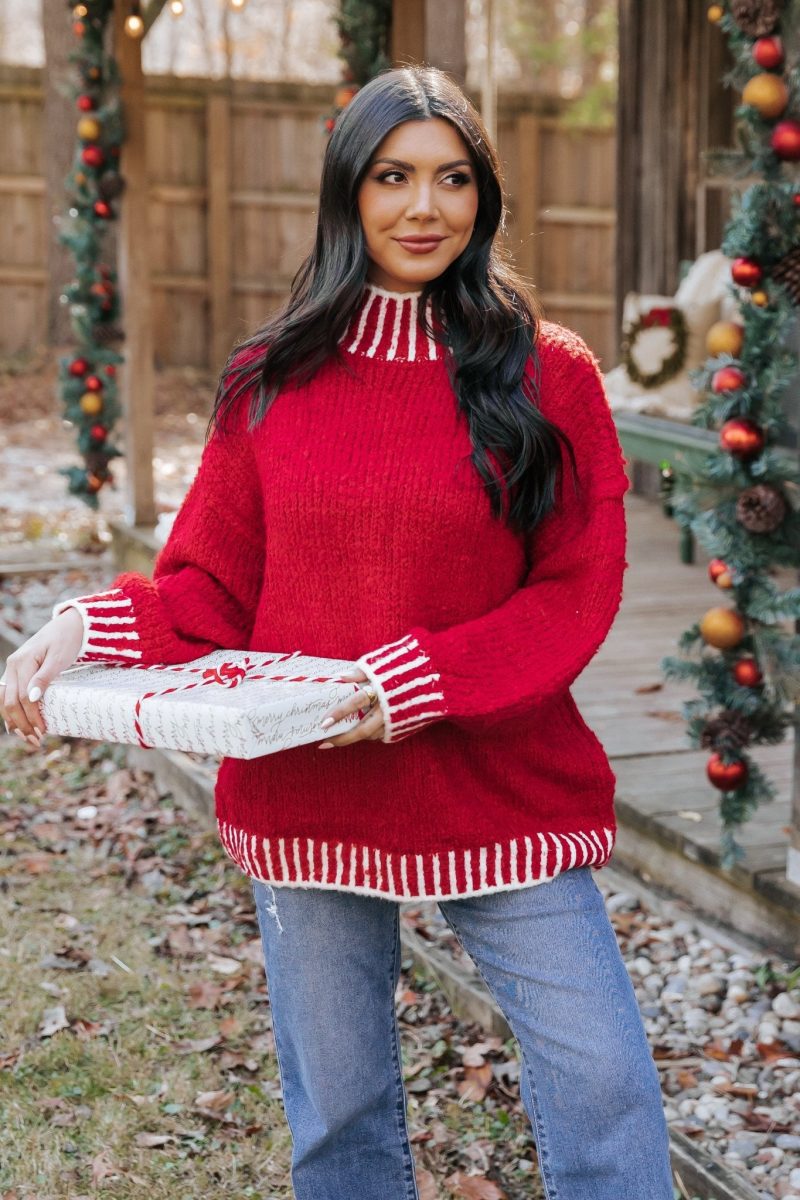 red and white contrast stitch sweater 527633