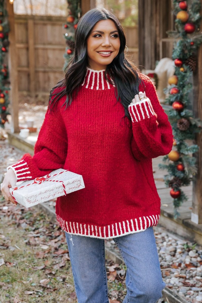 red and white contrast stitch sweater 610609