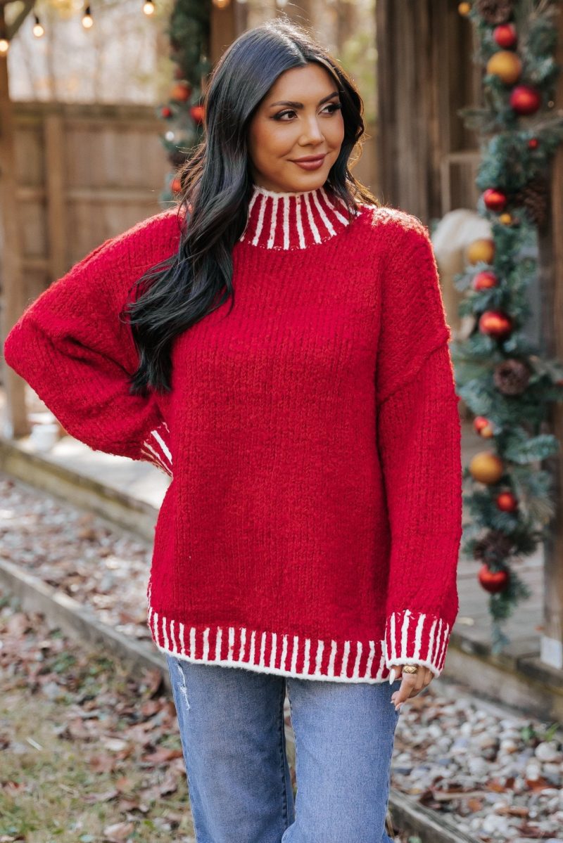 red and white contrast stitch sweater 943404