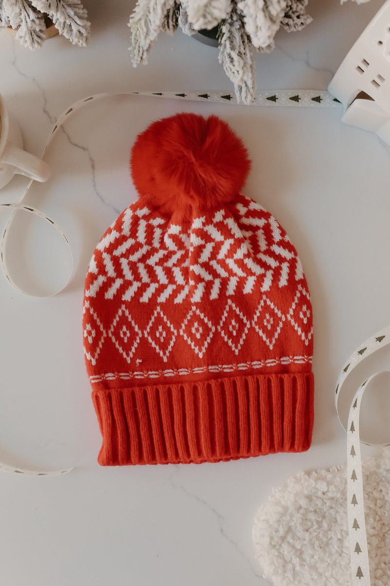 red aztec print pom beanie 978156