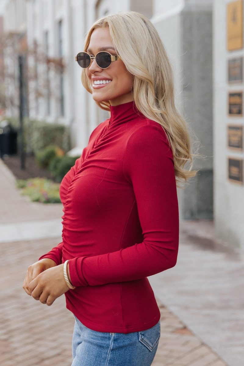 red cinched mock neck top 343673