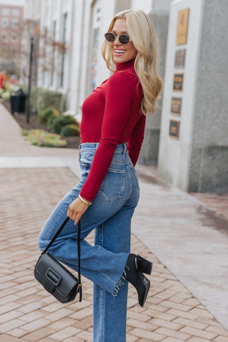 red cinched mock neck top 444874