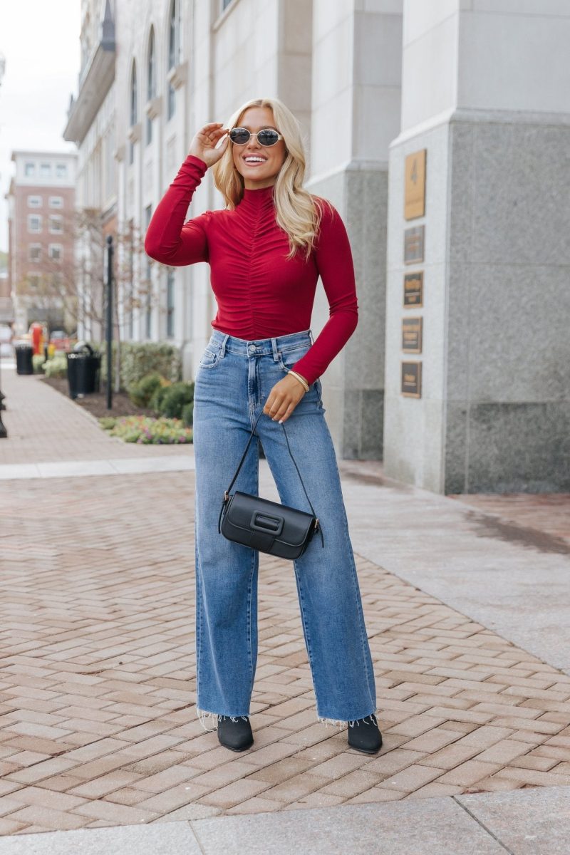 red cinched mock neck top 985588