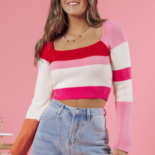 red color block striped top 133328