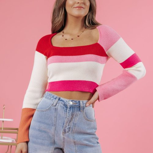 red color block striped top 190081