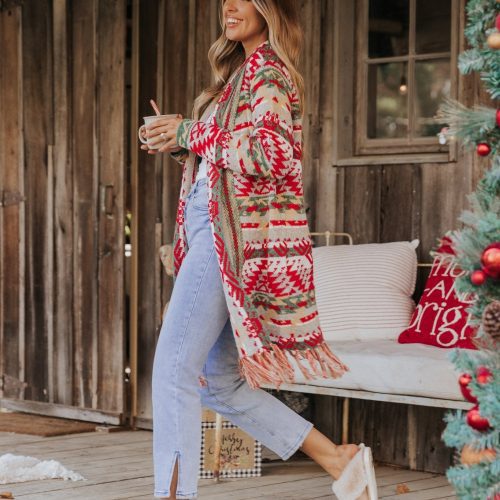 red green aztec striped boho fringe cardigan 153667