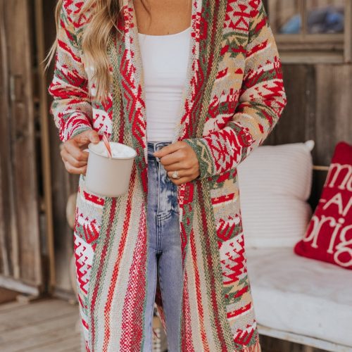 red green aztec striped boho fringe cardigan 218520