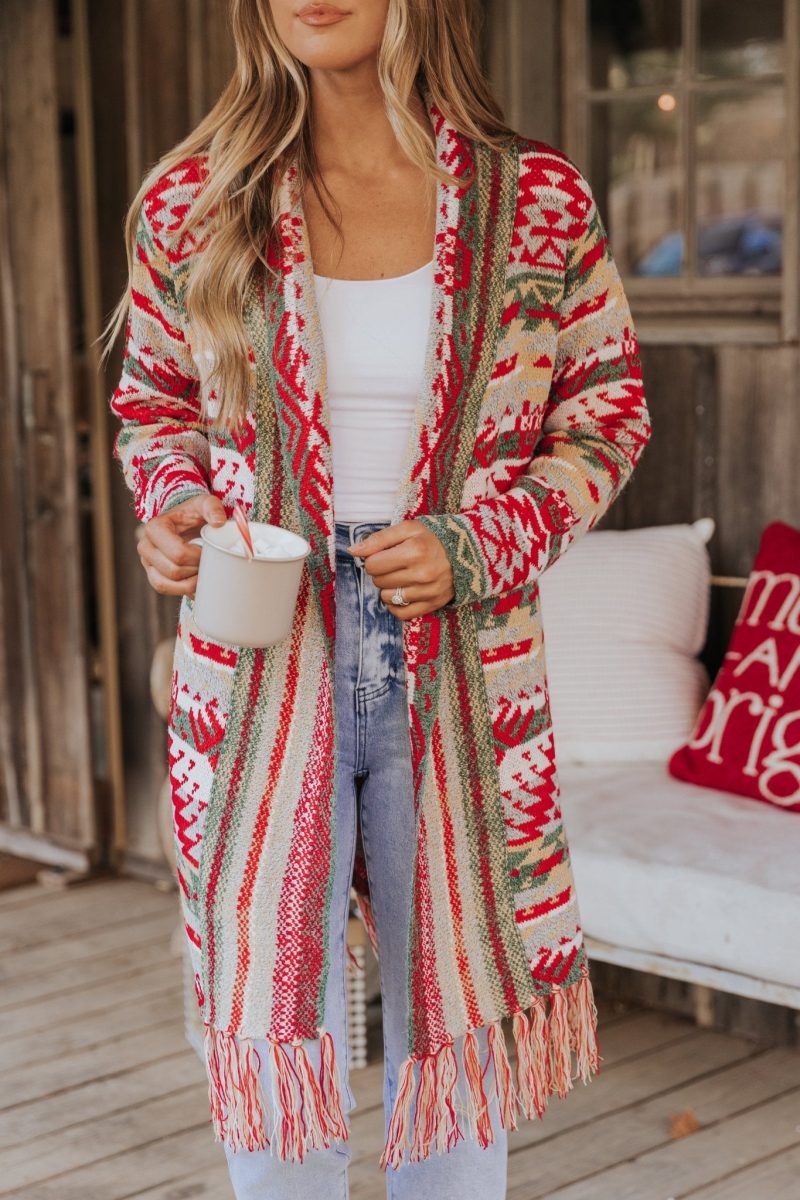 red green aztec striped boho fringe cardigan 218520