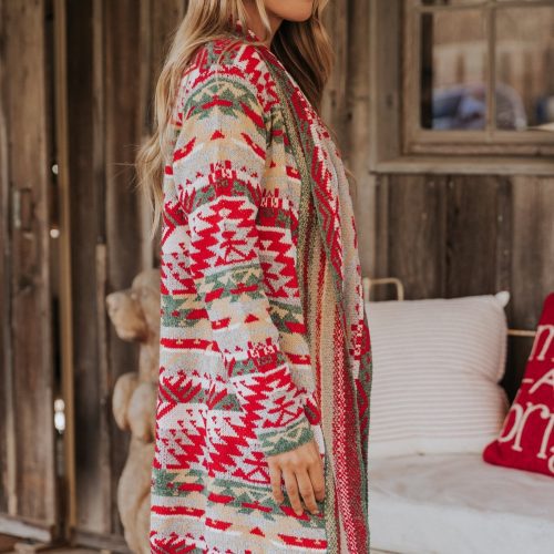 red green aztec striped boho fringe cardigan 261392