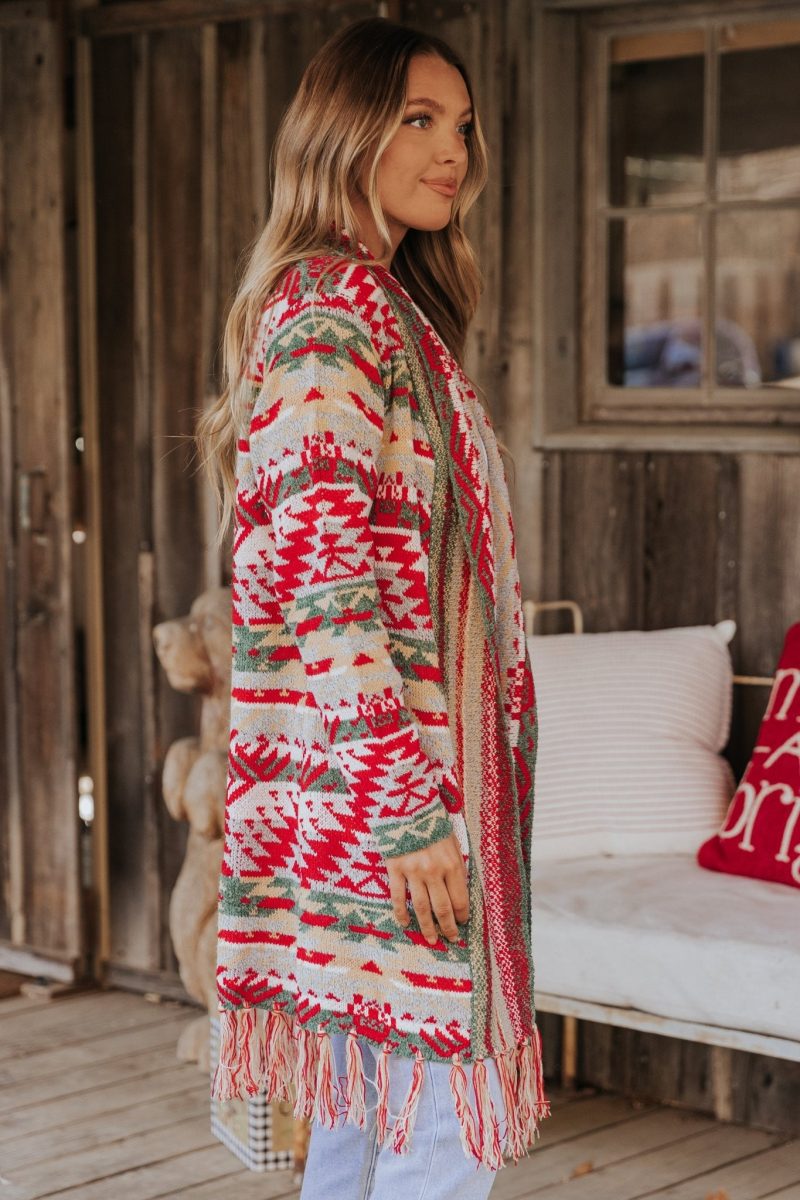 red green aztec striped boho fringe cardigan 261392